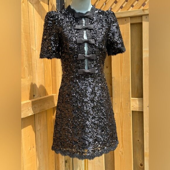 🆕 REBECCA VALLANCE 🧿 NWOT x Nicky Hilton Diana Black Bow Sequin Mini, Sz US 4 - Picture 12 of 16